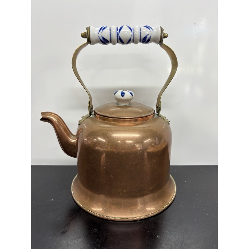 Vintage Copper Tea Kettle Blue White Porcelain Handle Farmhouse Cottagecore